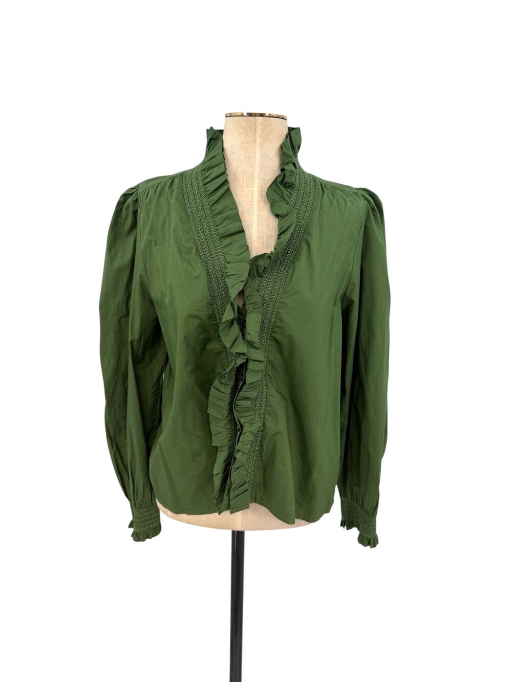 Love the Label Long Sleeve Zuri Ruffle Smocked Cotton Blouse Green Large